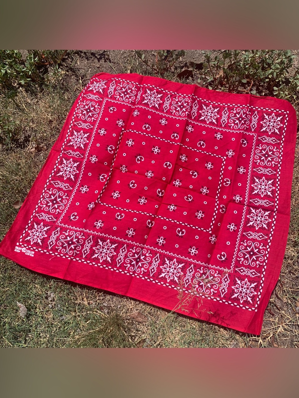 Vintage 1970s Elephant Brand Deep Red Floral Tile Pattern Color Fast Bandana